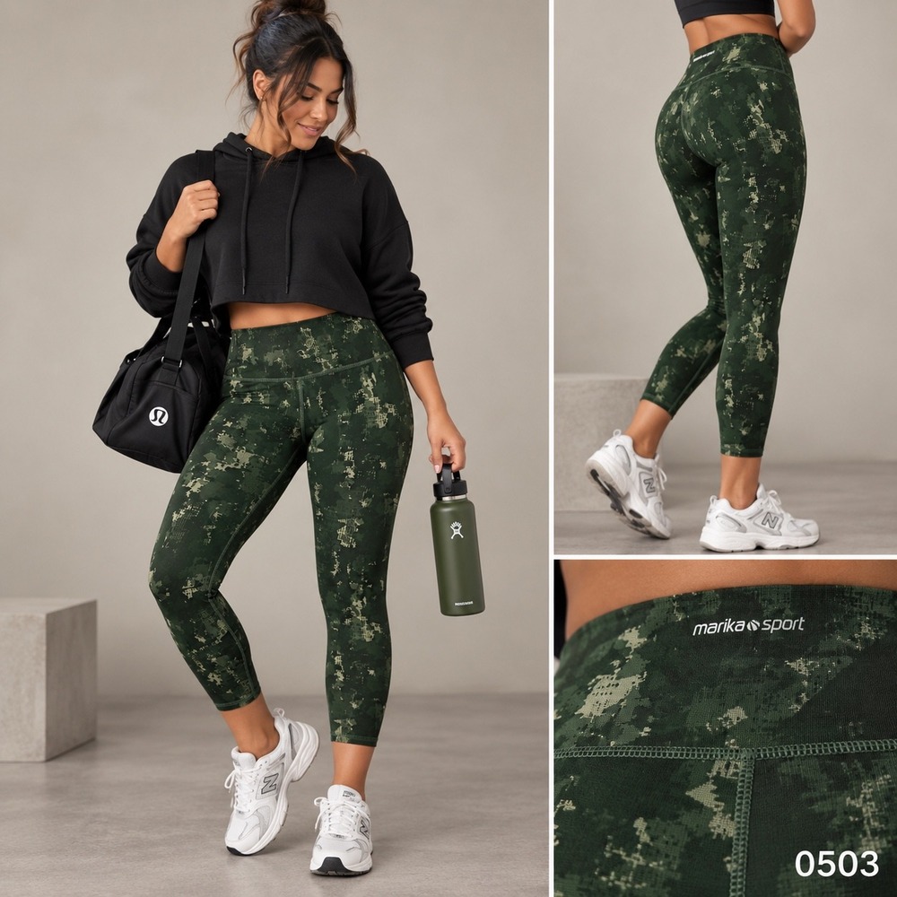 Marika Sport Womens Painterly Green Camo High Rise Crop Leggings YLC0967S 0503